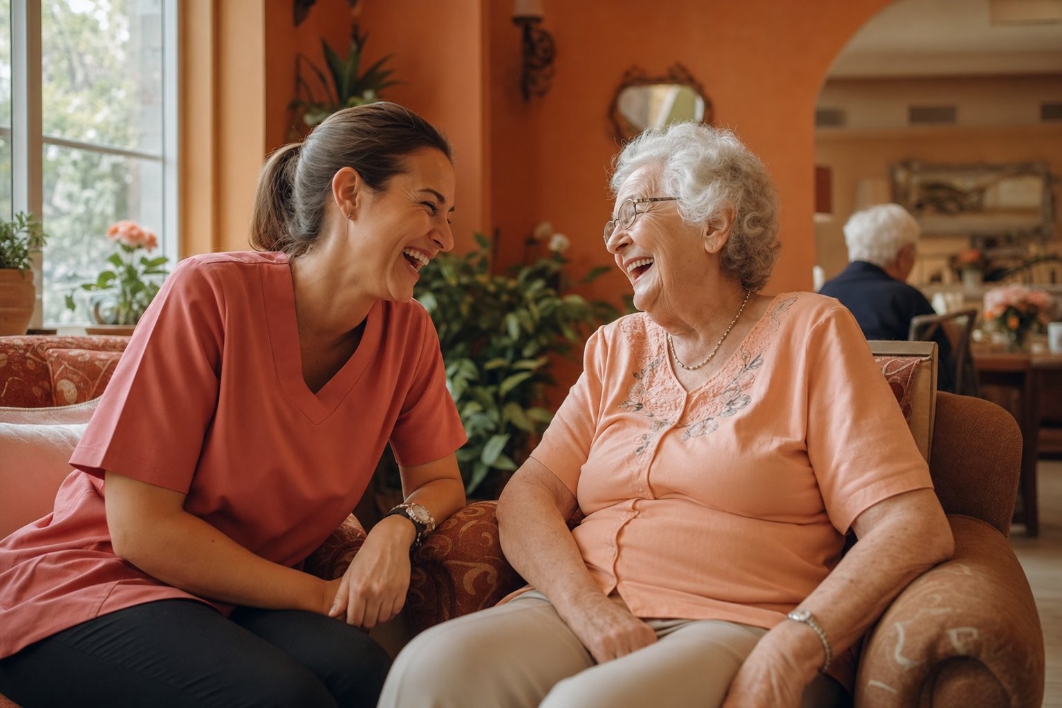 A caregiver gently holding the hands of a smiling elderly resident