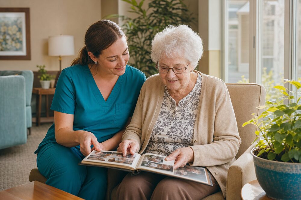 A caregiver looking through a photo album with an elderly resident in a sunlit memory care room