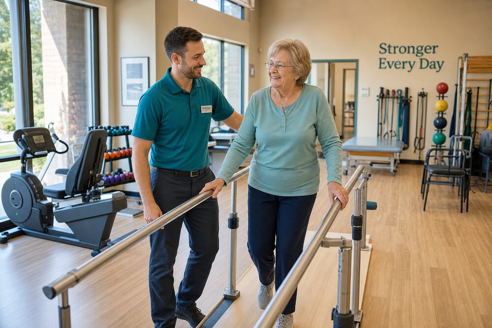 A physical therapist helping an elderly resident walk using parallel bars in a bright rehab gym