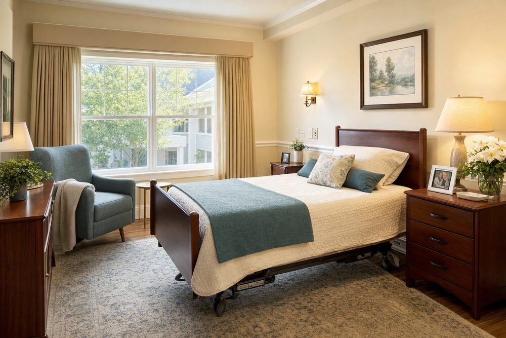 A comfortable, light-filled private resident room with a made bed and cozy seating